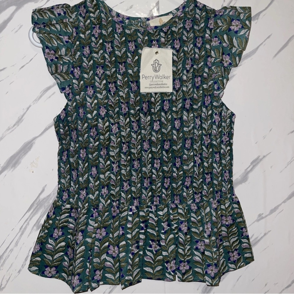 Perry Walker Collective Floral Boho smocked flutter Top Women Size 1 NWT
